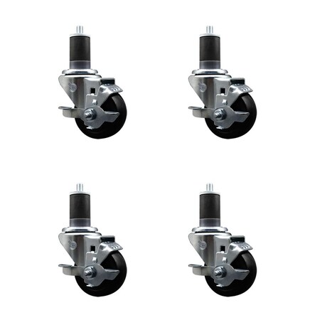 Service Caster 3'' SS Soft Rubber Swivel 1-5/8'' Expanding Stem Caster Set with Brake, 4PK SCC-SSEX20S314-SRS-TLB-158-4